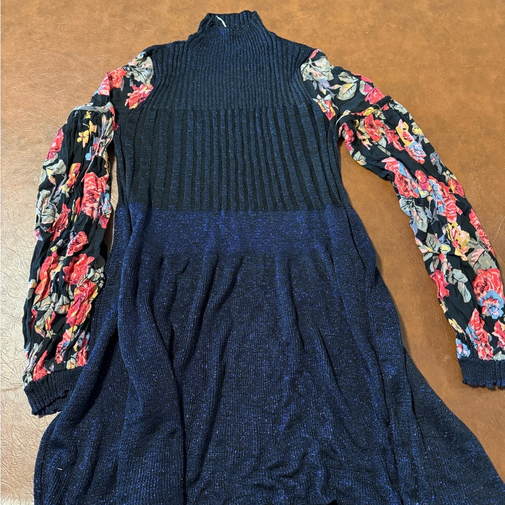 Free People Navy Sweater Dress with Floral Sleeves - Rose Shine Size Small